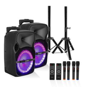 5 CORE 8 Inch TWS PAIR Bluetooth Party Speakers 250 W Portable Karaoke PA System Rechargeable Loud Speaker + Tripod Stand & 2x Wireless Mics LED (sku: ACTIVE HOME 8 2-MIC 2PCS)